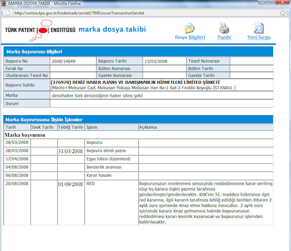 Marka başvurusuna TPE'den "RED" Kararı
