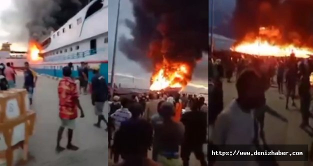 Endonezya'da limandaki yolcu gemisi alev topuna döndü! (Video)