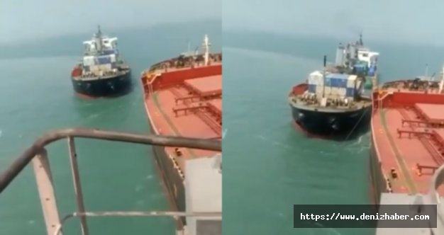 Seyir halindeki gemi demirdeki dökme yük gemisine çarptı! (Video)