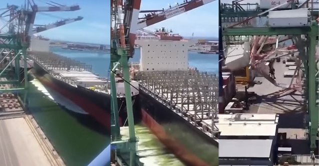 Kontrolünü kaybeden konteyner gemisi dev vinçleri devirdi! (Video)