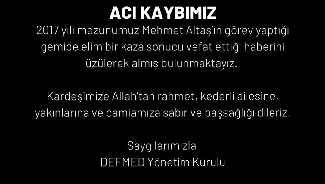 Gemide elim kaza; genç mühendis Mehmet Altaş hayatını kaybetti