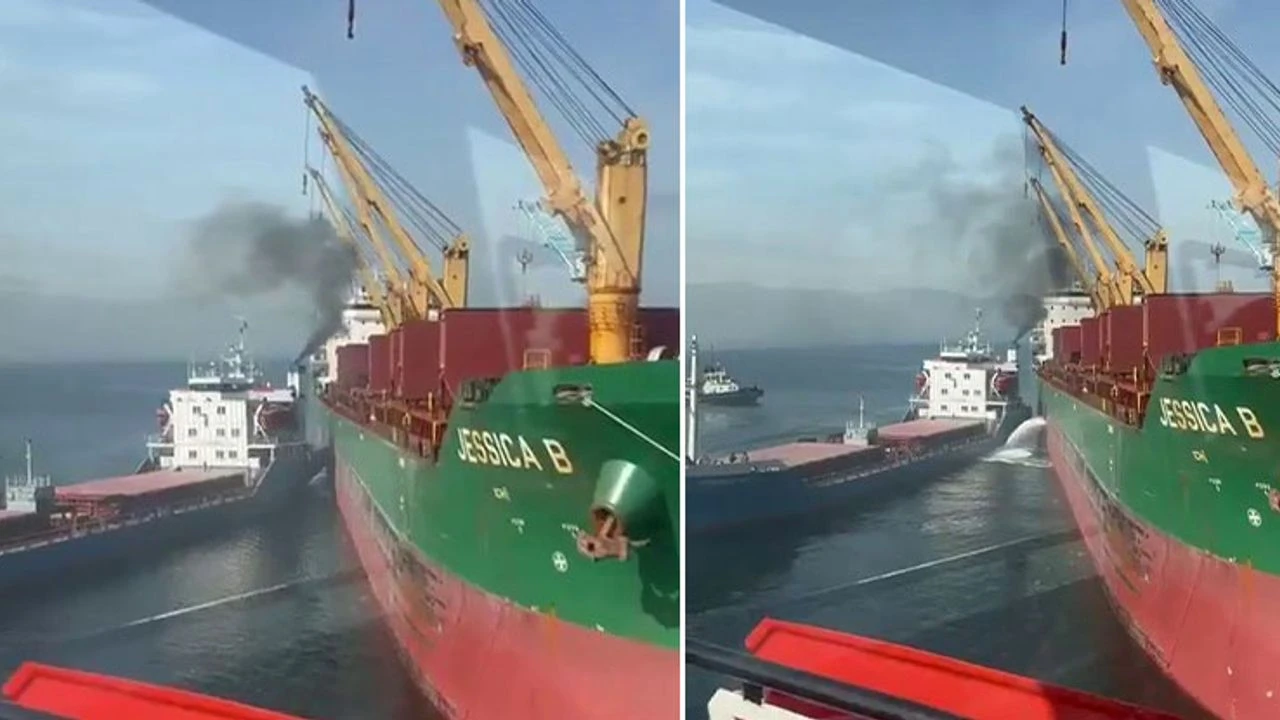 Limandan çıkan gemi, başka bir gemiye çarptı!