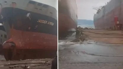 Dev gemi Aliağa açıklarında karaya oturdu